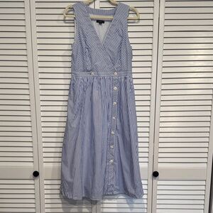 Sleeveless Blue and White Striped J Crew Wrap Midi Dress